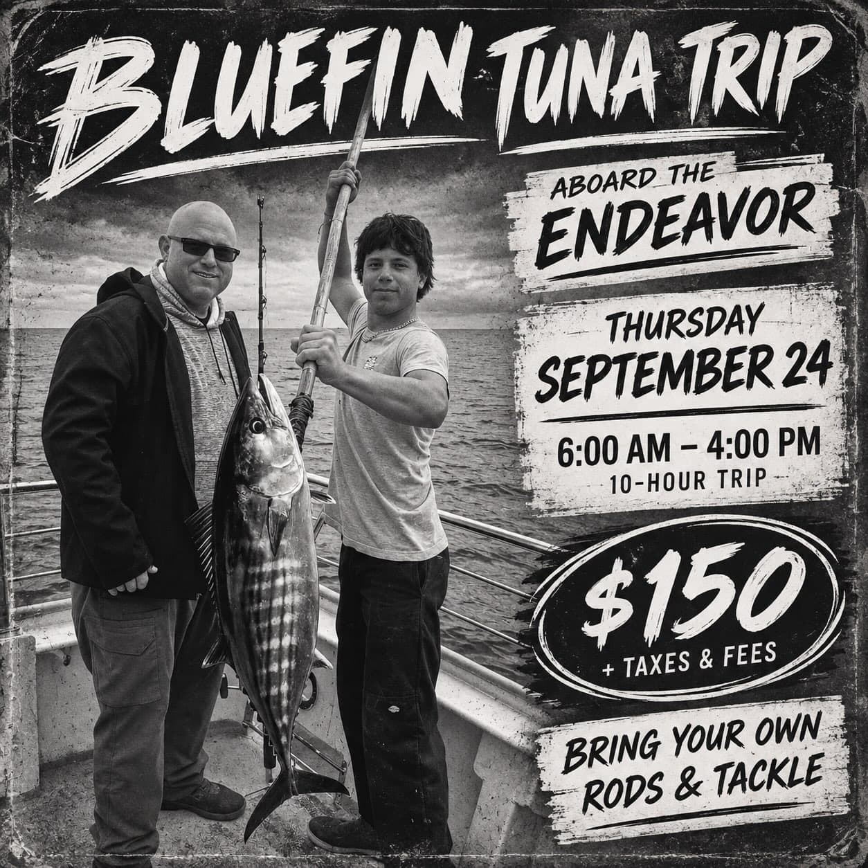 LET’S RUN IT BACK!
The Endeavor’s last bluefin trip sold out, so Captain Brad is ready to do it again.
We’re heading back out Thursday, September 24th, and we’ve got just 11 spots left on this extra light load trip.
Thursday, September 24
6:00 AM – 4:00 PM
10-hour Bluefin trip
💲150 + taxes & fees
Bring your own rods & tackle
If you missed the last one, here’s your chance to get in on it. 10 hours, an extra light load, and a shot at bluefin for $150.
Only 11 spots left. Let’s go do it again!
Book online now!
#BluefinTuna #TunaFishing #Endeavor #MorroBay